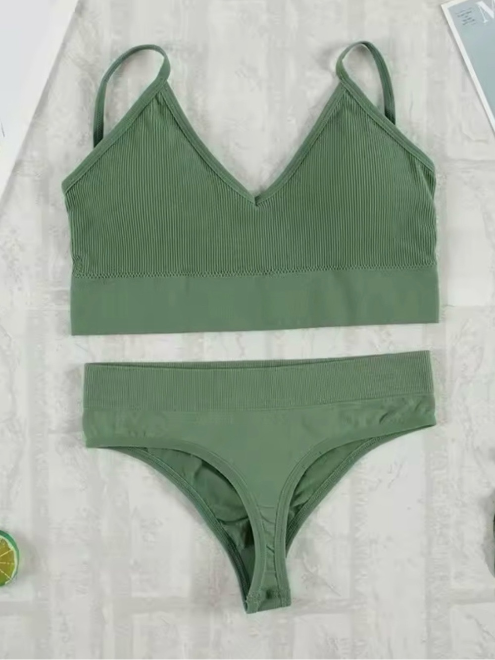 🌿 Ribbed Green Bra & Thong Set